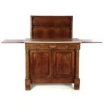 Mahogany veneer on oak folding buffet with full columns, loose marble top, bronze ornaments and a