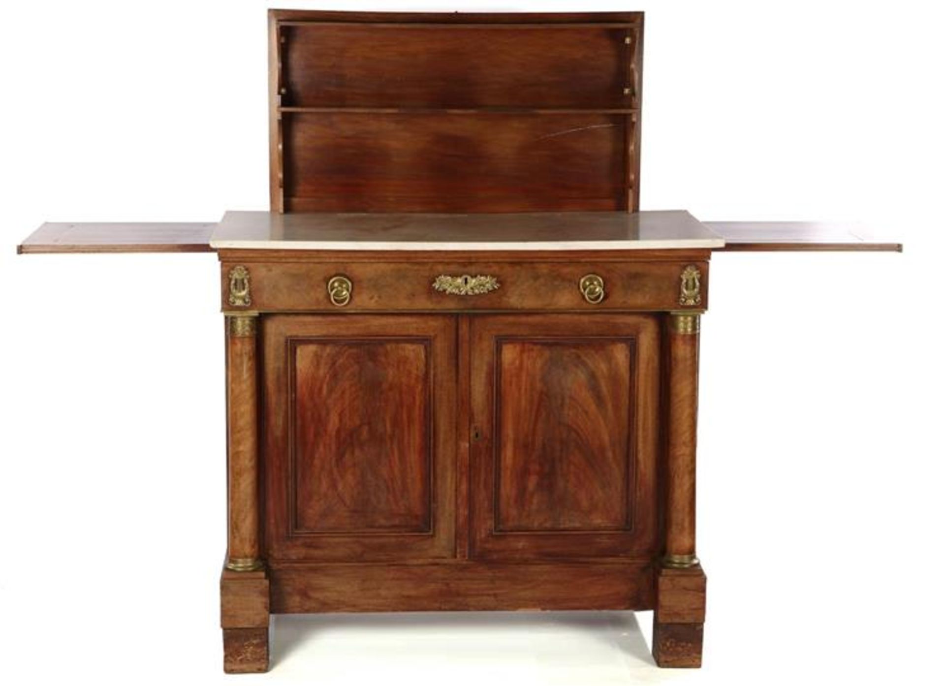 Mahogany veneer on oak folding buffet with full columns, loose marble top, bronze ornaments and a