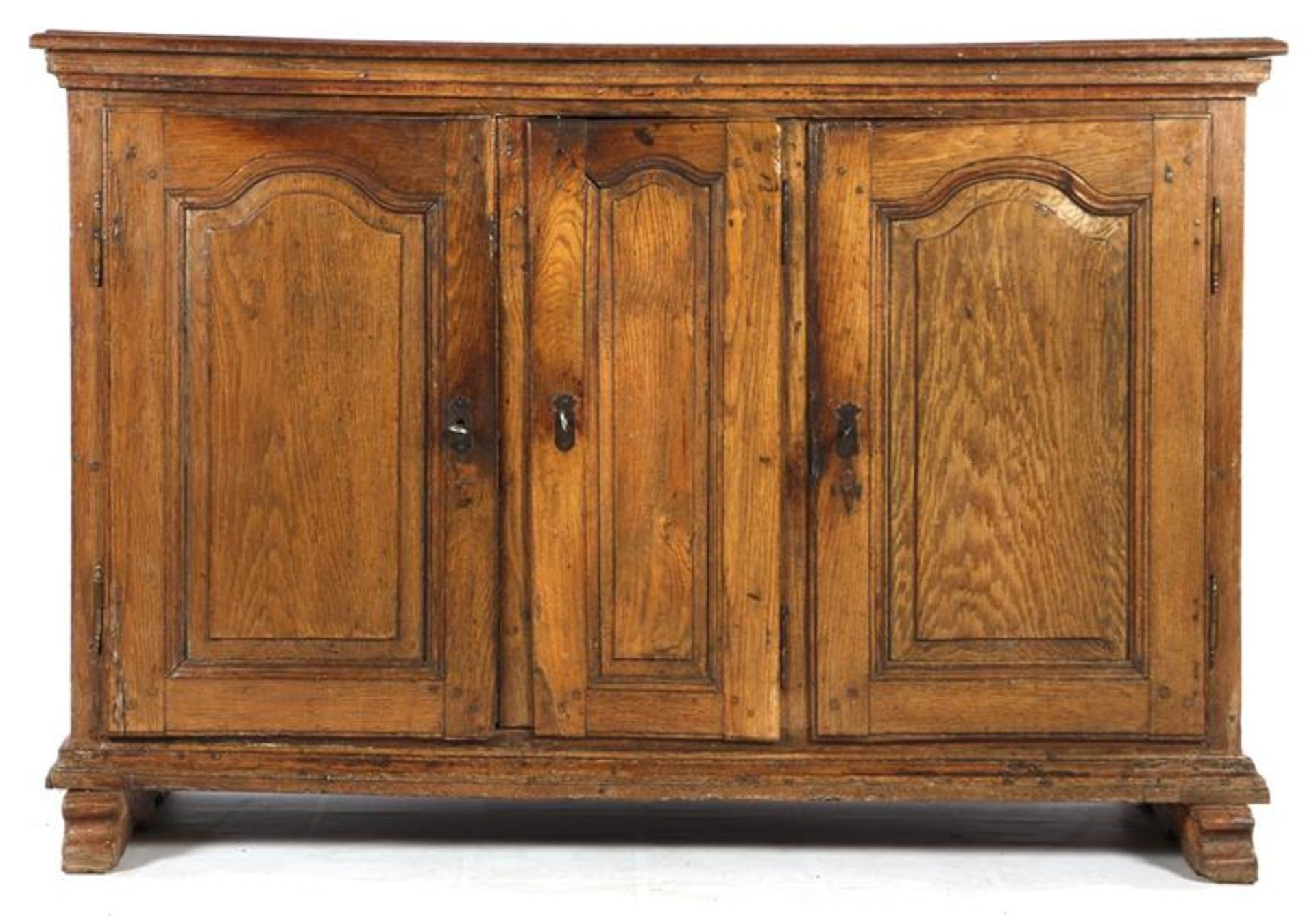 Antique oak cabinet, standing on slippers and fitted with 3 doors, France ca.1650, 98 cm high, 147