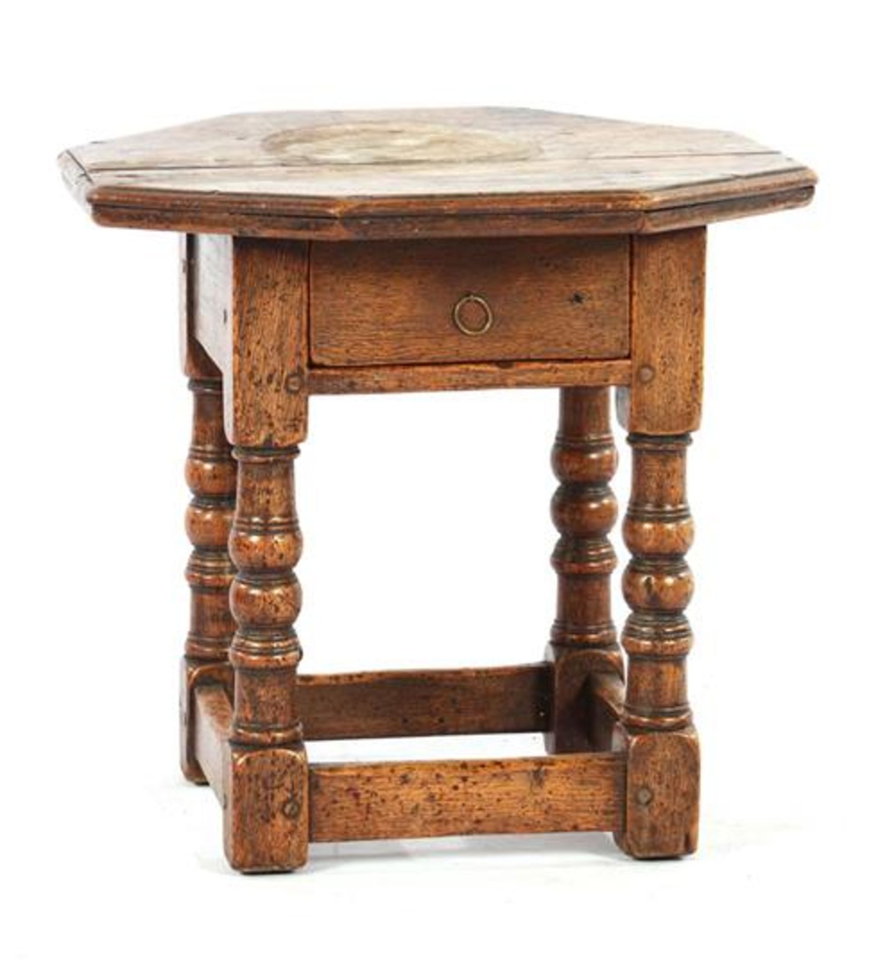 Octagonal oak table with drawer, Holland approx. 1650, 46 cm high, 50x50 cm (top needs to be