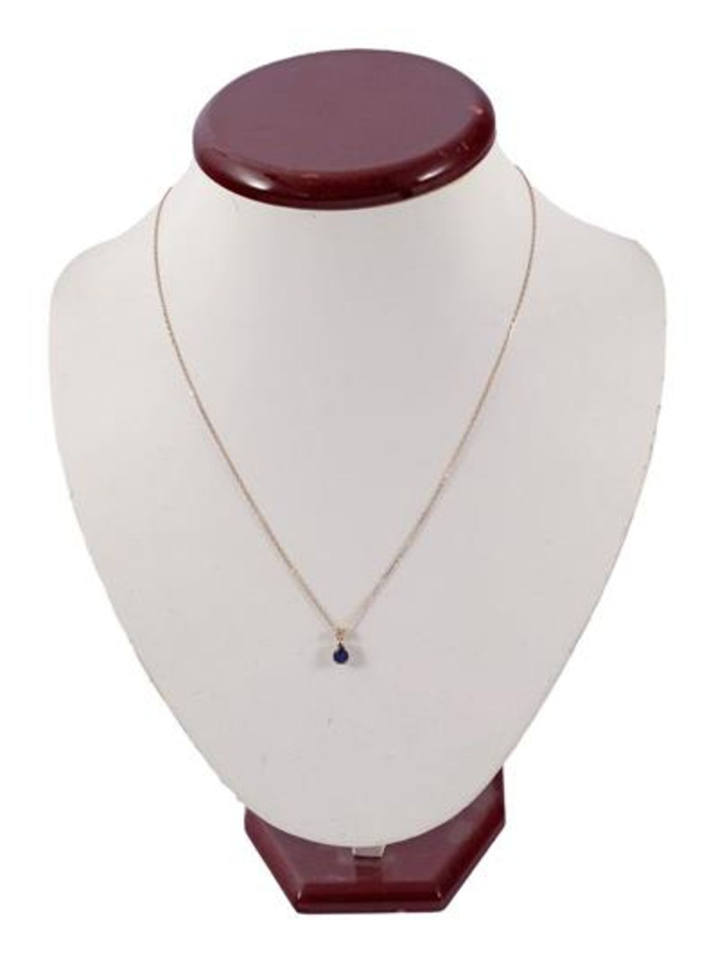 Rose gold necklace, 14 kt., 50 cm long, with a pendant, marked 585, set with sapphire approx. 0.85
