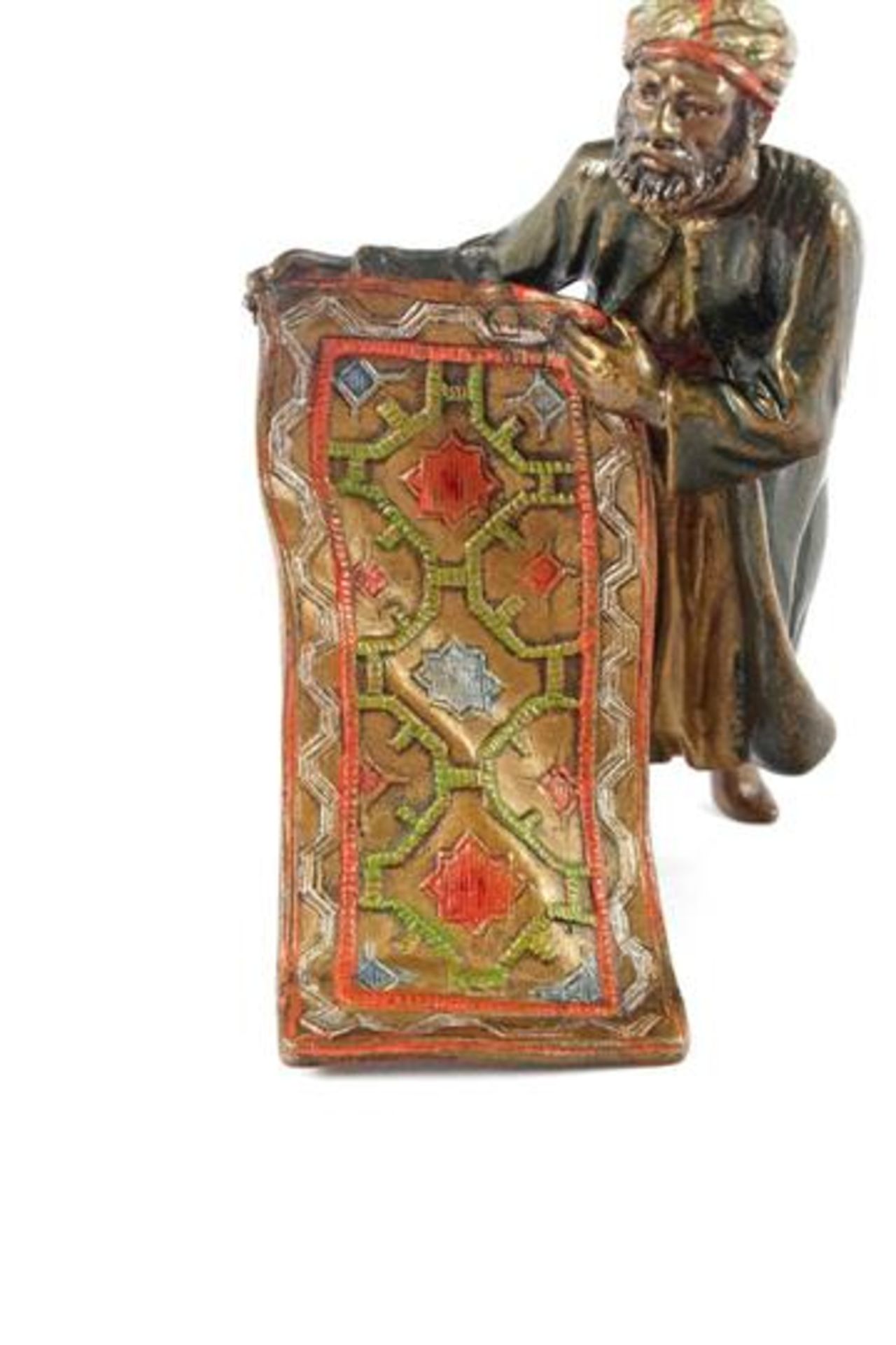 Viennese bronze statuette of an Arab with carpet, cold polychrome painted, with vague stamp of Franz - Bild 2 aus 5