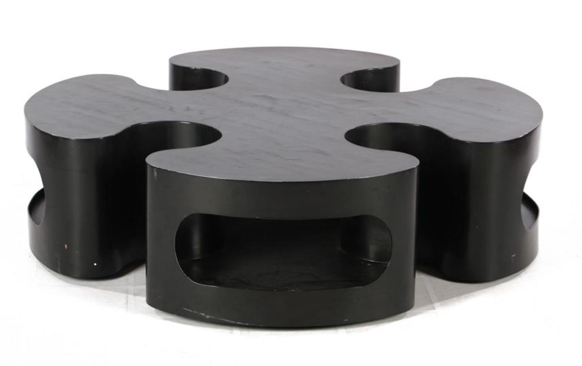 Black sprayed plastic Space Age coffee table with 4 open storage spaces, four-leaf clover, 30 cm