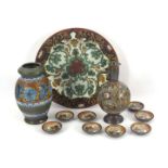 South Holland pottery dish model 1002, Rhodian decor, 31 cm diameter, vase model 1203 dec or