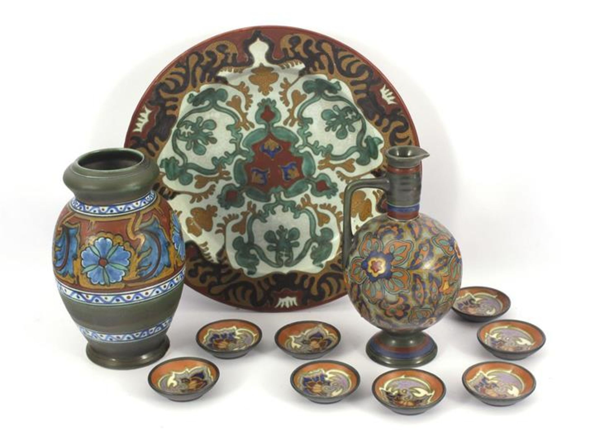South Holland pottery dish model 1002, Rhodian decor, 31 cm diameter, vase model 1203 dec or