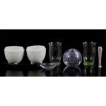 Glass cream set (lids shortage and hairline) Copier Leerdam dish, 2 Annagreen glasses, Leerdam