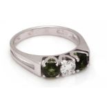 White gold row ring, 14 krt., Set with tourmaline and brilliant cut diamond, approx.0.30 ct, 17.55