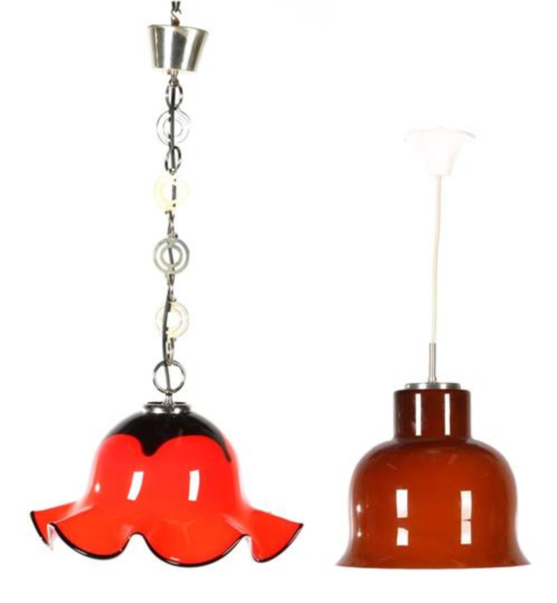 2 Italian red and brown glass hanging lamps, presumably Italy, 27 and 23 cm high, excluding cord