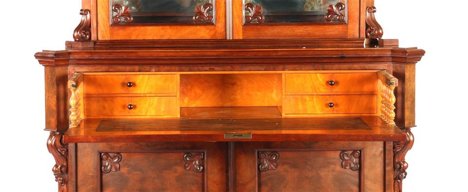 Mahogany veneer on oak 2-part cabinet with 2-door base cabinet with pull-out writing area and 2-door - Image 2 of 2