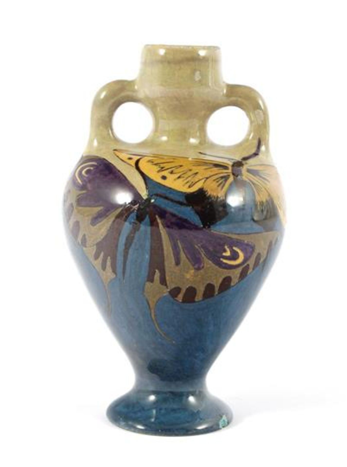 Rozenburg Den Haag ceramic ears vase with butterfly decoration 15 cm high (damage to the base ring