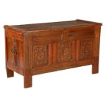 Antique oak blanket chest with bombarded panel, approx. 1650, 696 cm high, 112 cm wide, 49 cm deep