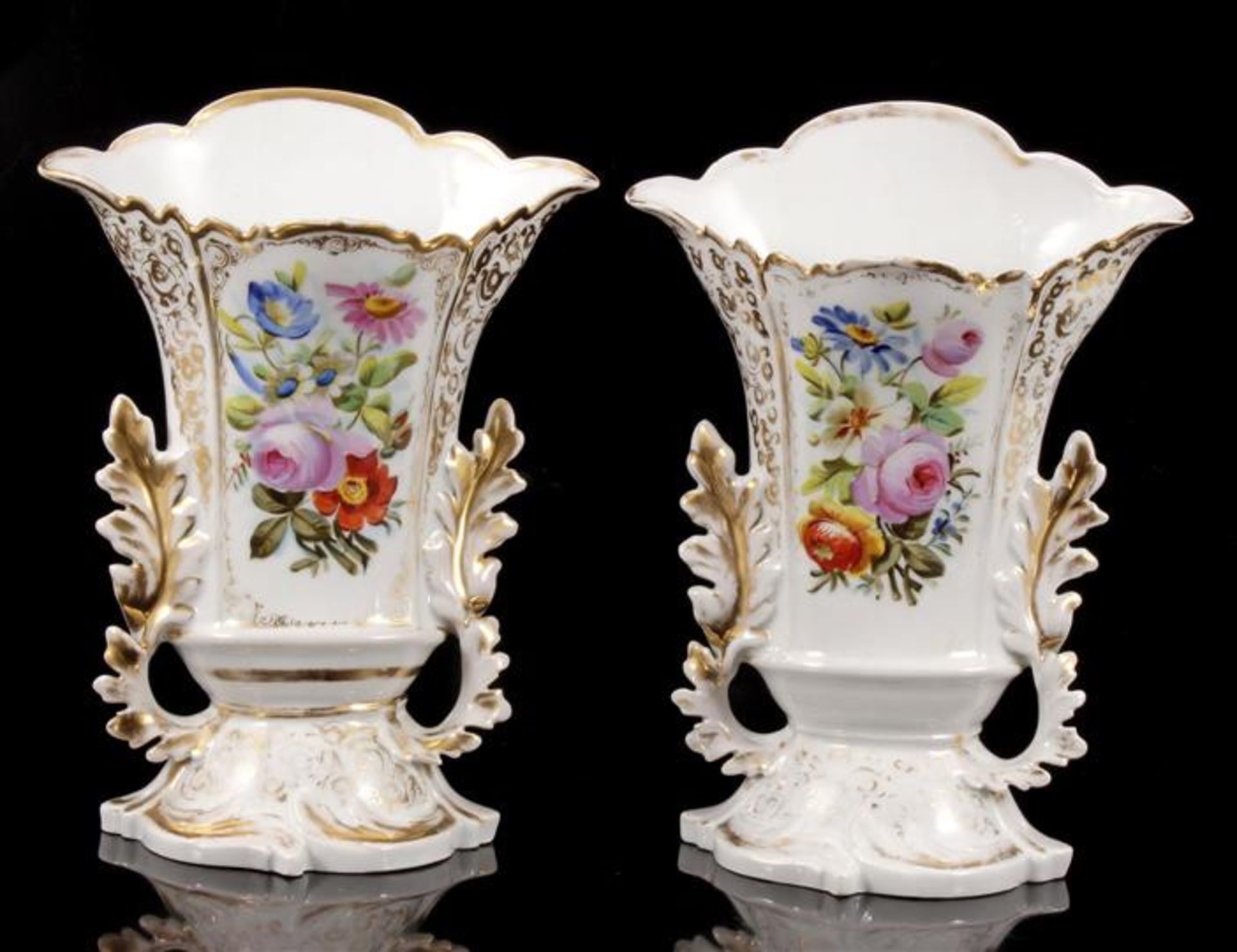 2 19th century porcelain decorative vases with polychrome and gold-colored decoration, approx. 1880,