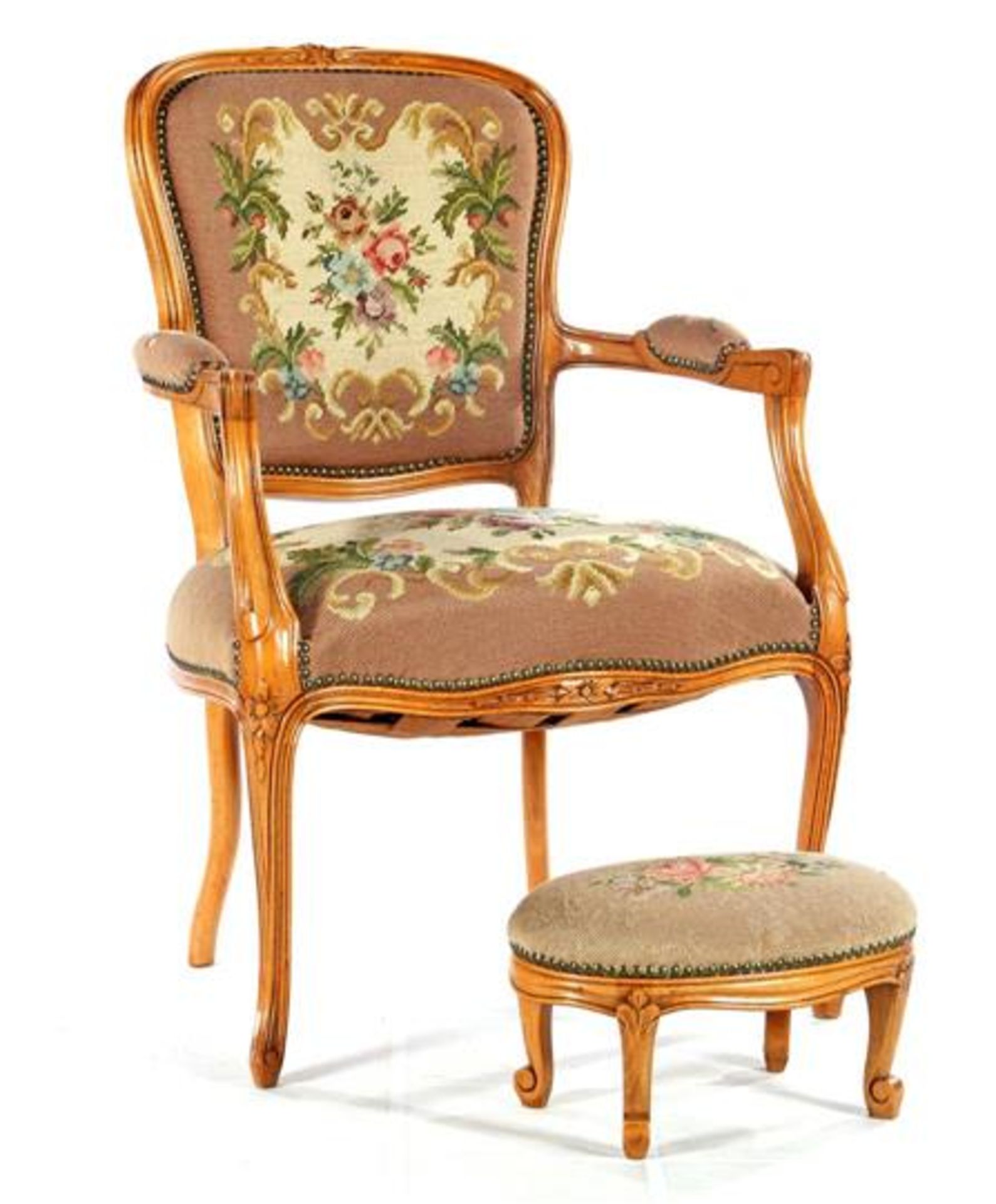 Walnut color classic armchair with embroidered upholstery with the same footstool
