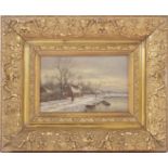 Signed J W Brink, Woman at a farm in a winter landscape, panel 18x27 cm