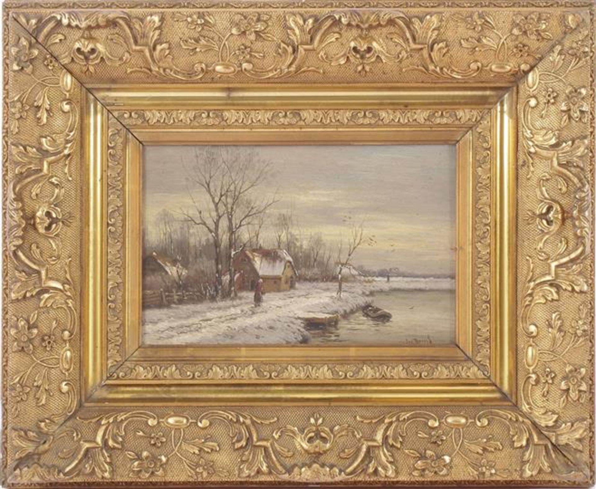 Signed J W Brink, Woman at a farm in a winter landscape, panel 18x27 cm