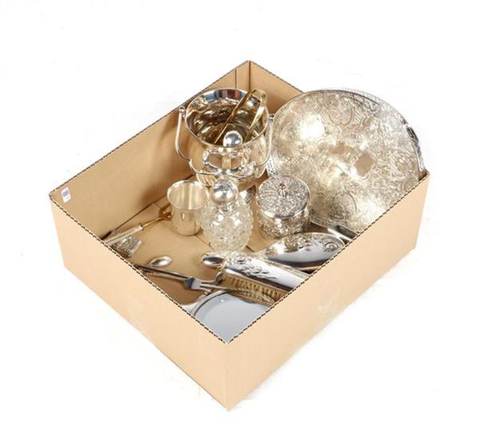 Box various silver plated, including an oval tray, hairdresser and ice cube bucket