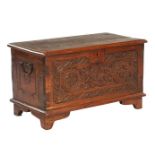 Wooden colonial box with carved decoration, 35 cm high, 65 cm wide, 31 cm deep (flap 2-part)