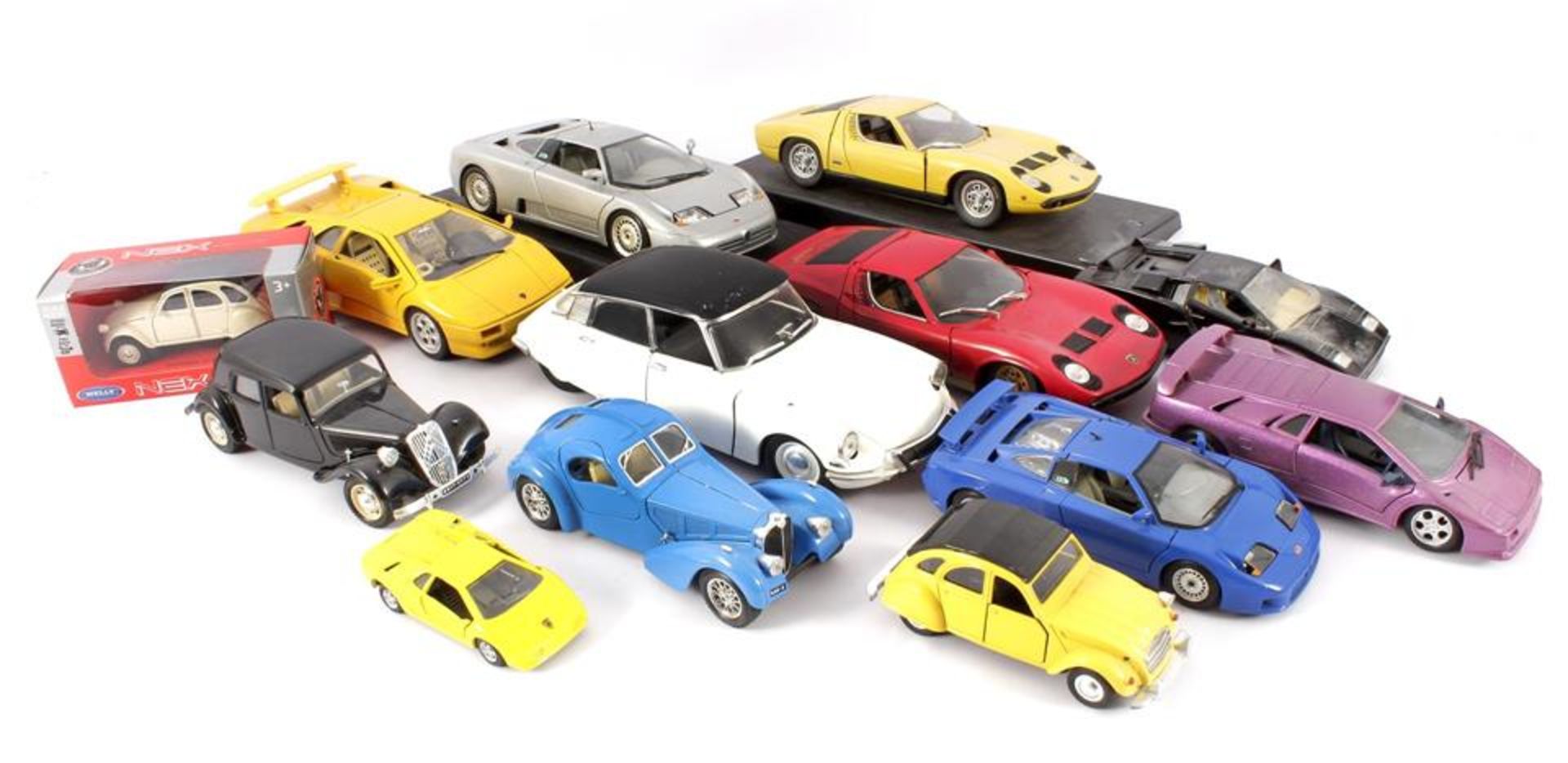 13 scale model cars, Citroen, Bugatti and Lambourghini