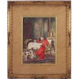 Unclear monogram, Clergyman with dog and parrot in interior, watercolor ca.1900, 33x23.5 cm