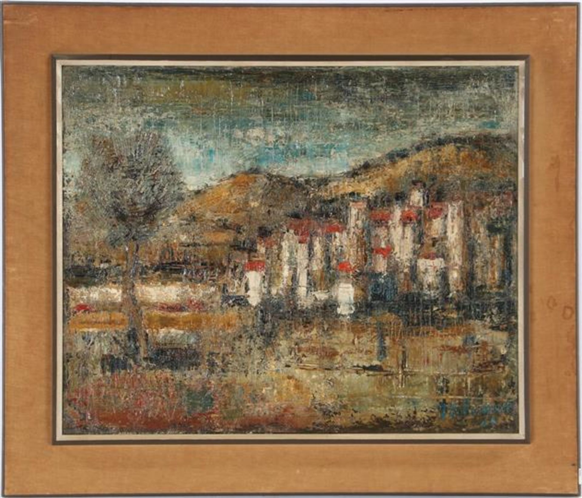 Unclearly signed, City on harbor, canvas dated 1960, 60x76 cm