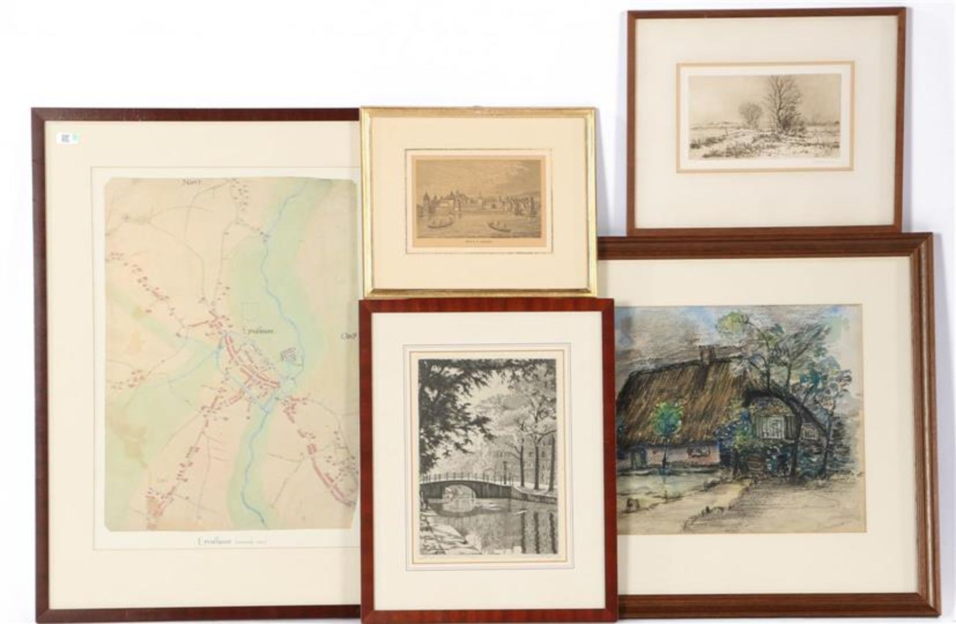 5 various wall decorations including etching by F Manders