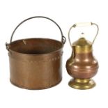 Copper aker with handle 30 cm high, 46 cm wide and copper cover pot with porcelain handle and knob