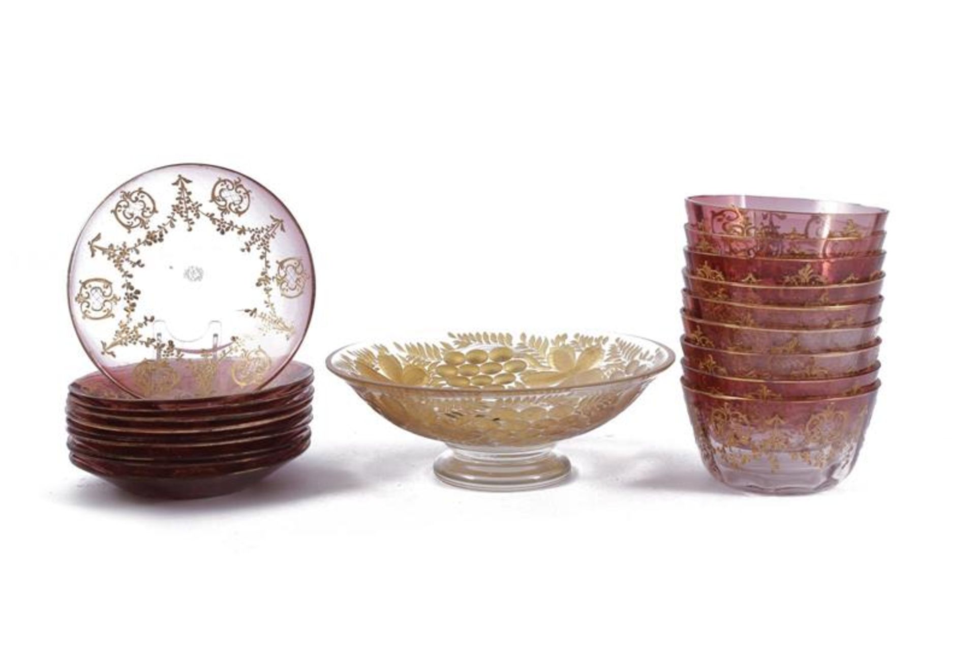 9 colored glass dishes and & nbsp; 10 saucers with gold-colored garland motif, marked Glasfabrik