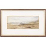 Unclearly signed, Landscape Scotland with castle on a lake, possibly Loch Ness, watercolor 15x37 cm