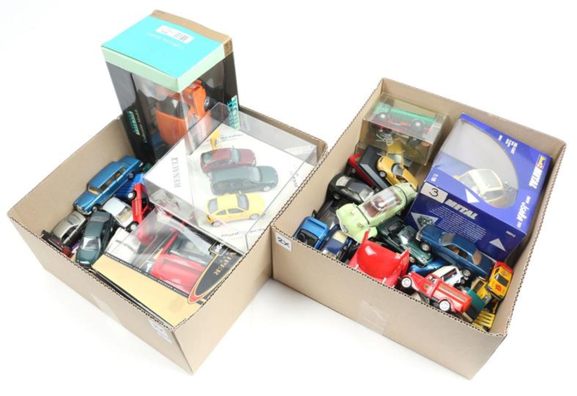 2 boxes of scale model cars including BMW, Audi and other brands
