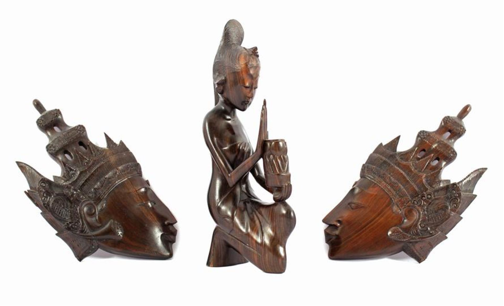 Indian coromandel wood bombarded statue of a woman 25 cm high and 2 Balinese masks 23.5 cm high