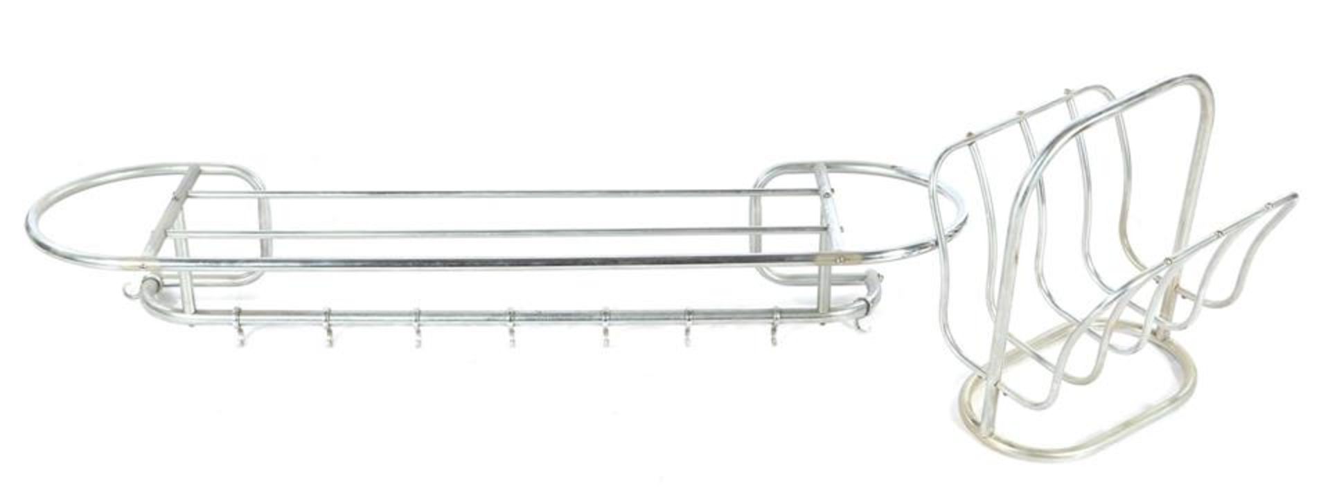 Metal tubular wall coat rack with 9 hooks and hat rack 30.5 cm high, 108 cm wide and reading