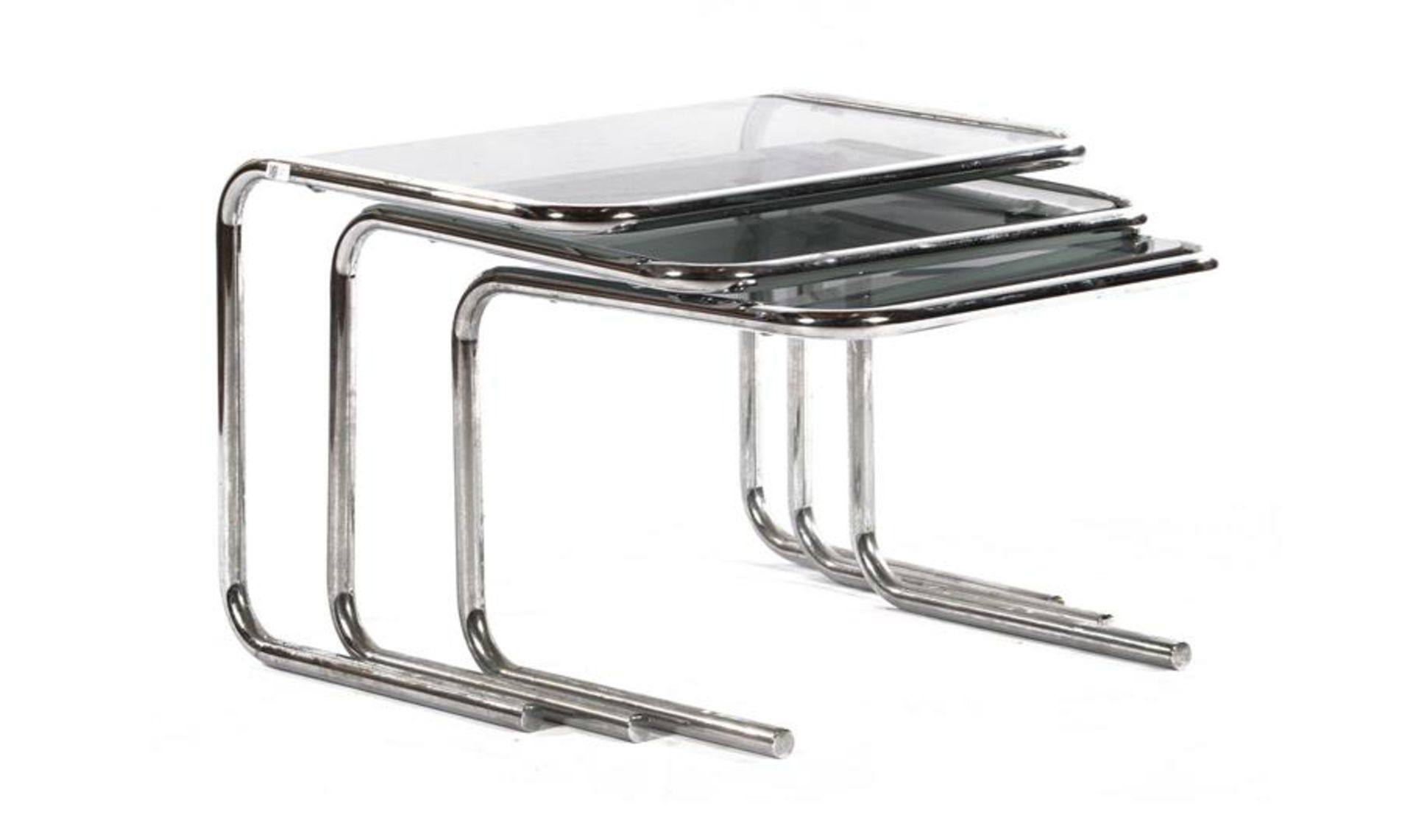 1960s chrome tubular frame mimiset with smoked glass tops, largest 37 cm high, 52 cm wide and 40