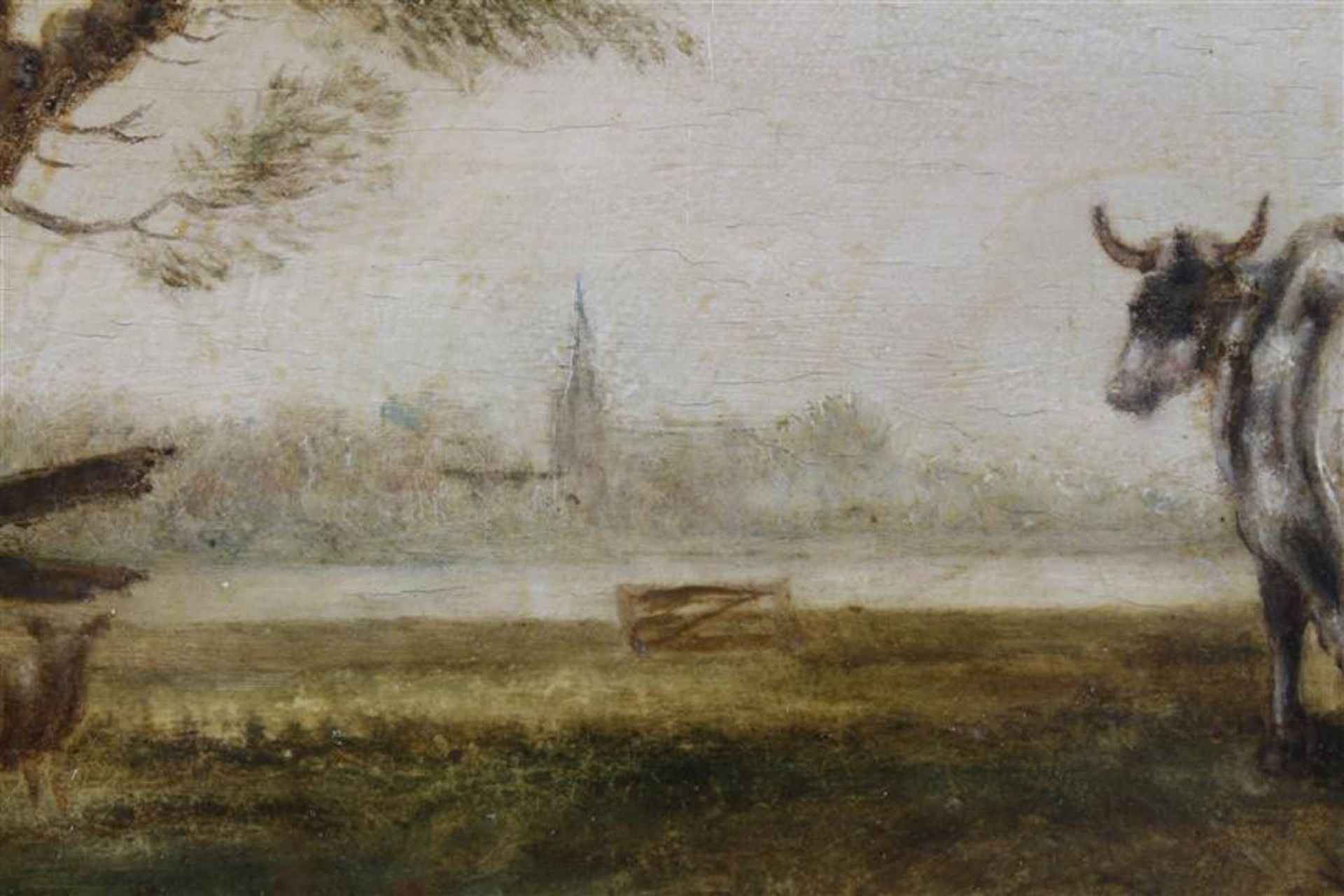 Anonymous, Dutch landscape with milking figure with church village on the other side of a lake, - Bild 3 aus 3