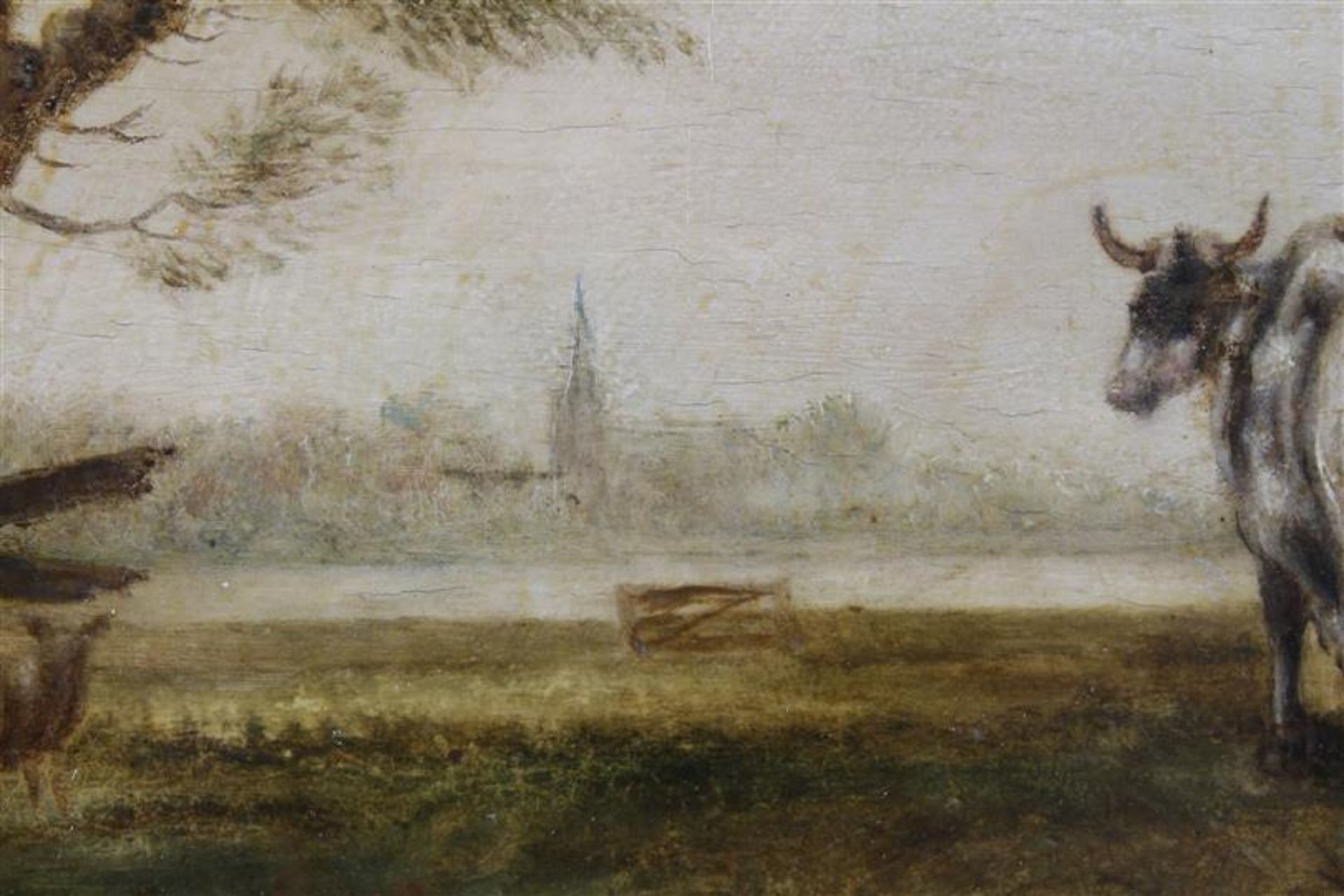 Anonymous, Dutch landscape with milking figure with church village on the other side of a lake, - Image 3 of 3