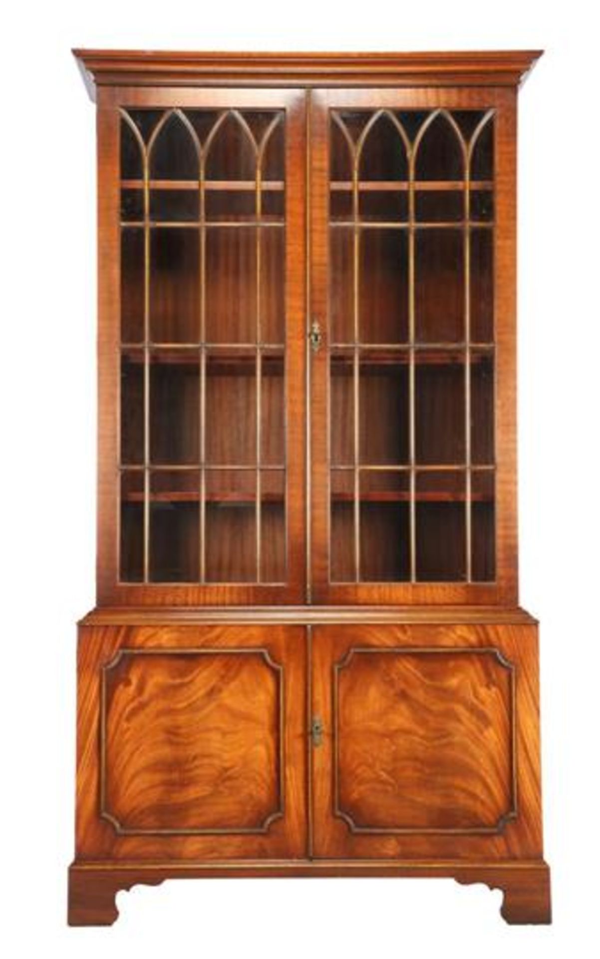 Mahogany veneer showcase with 2-door display area with window division (1 window with crack) and 2-