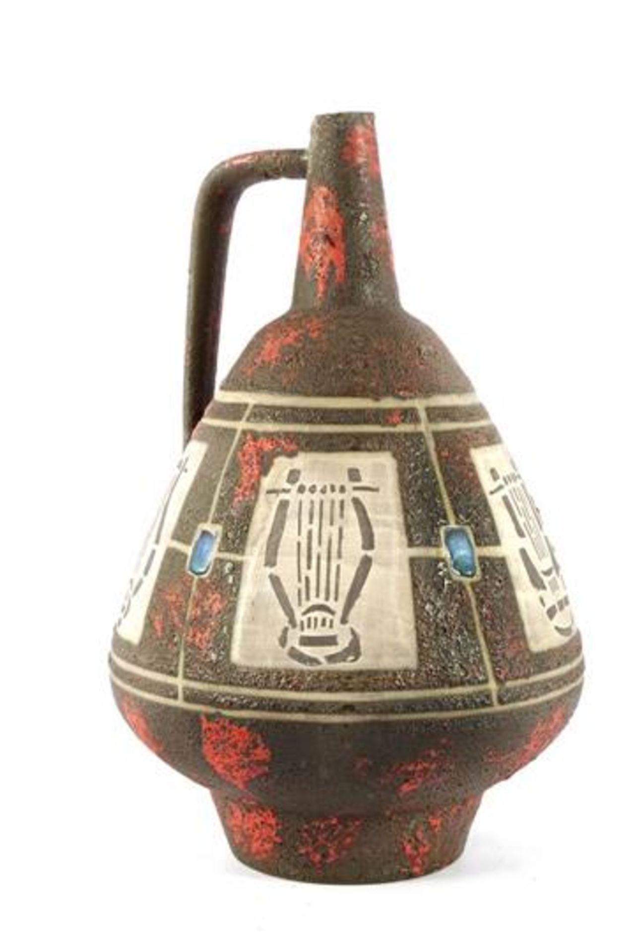 Orpheus West Germany earthenware pitcher with polychrome decoration with lyre, 1960s, 53 cm high