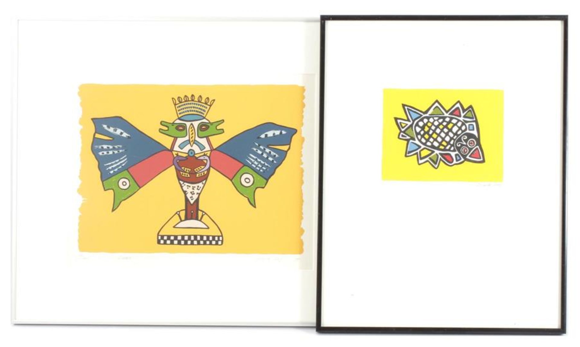 Signed Lindy de Jong, 2 times graphics, Fish 15x20.5 cm and Butterfly dated 1992, 386/500, 28x38 cm