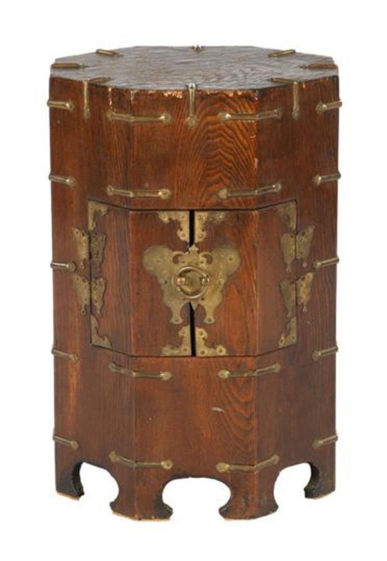 Asian wooden octagonal 2-door cabinet 45 cm high, 33 cm diameter