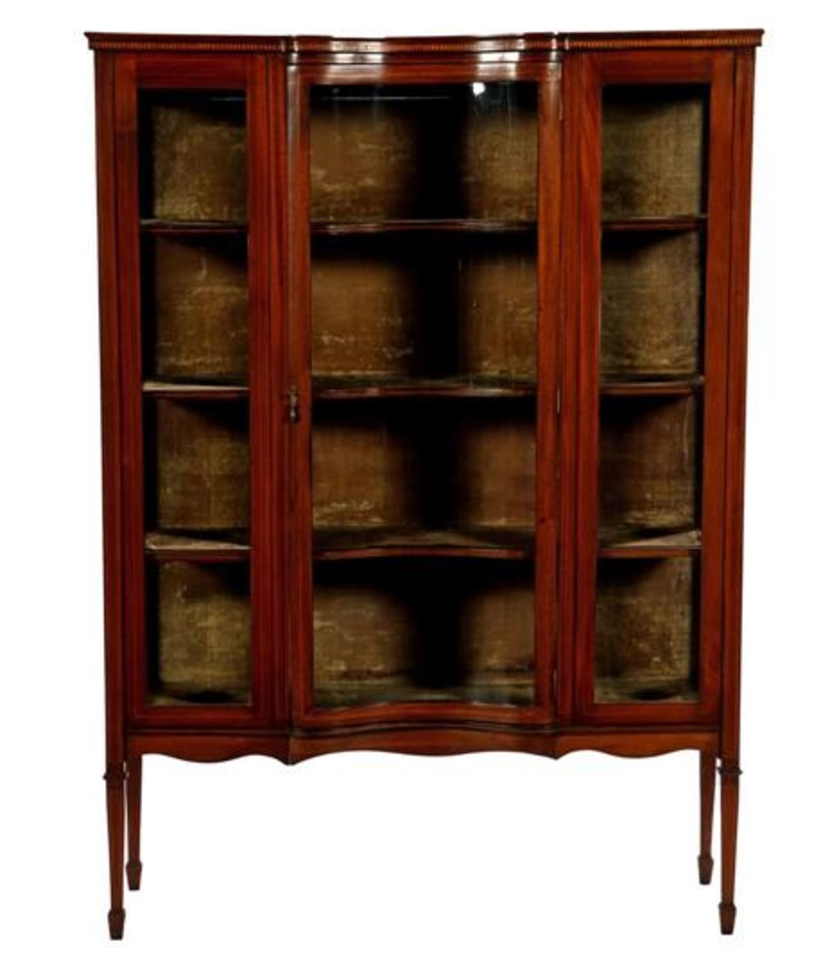 Walnut display cabinet with intarsia trims and hood edge, curved glass door, glass in front and