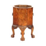 Burr walnut veneer 8-sided tea stew with stitching and standing on claw legs 46 cm high, 35 cm
