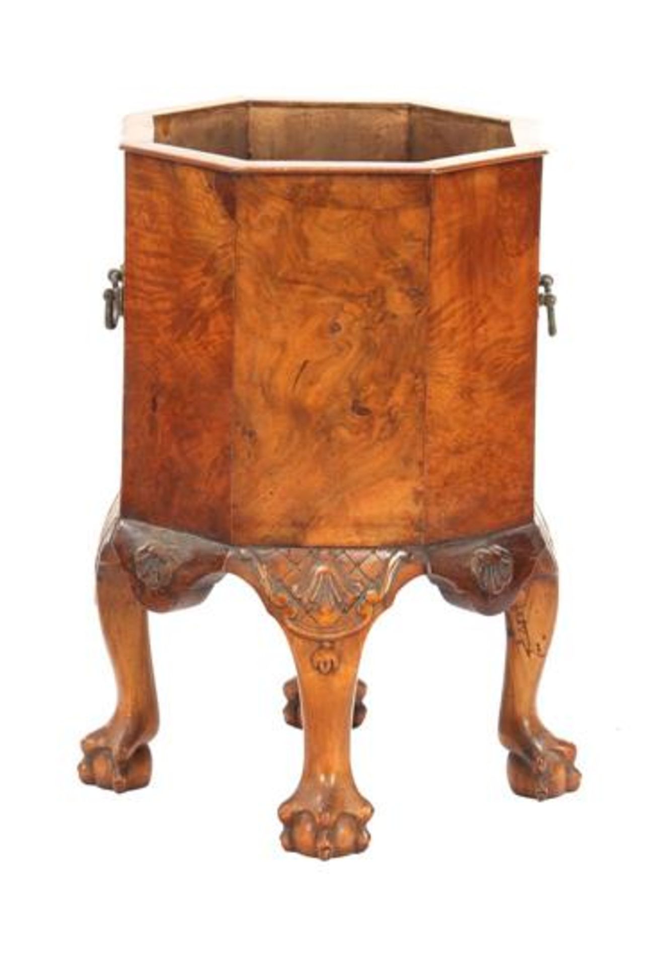 Burr walnut veneer 8-sided tea stew with stitching and standing on claw legs 46 cm high, 35 cm