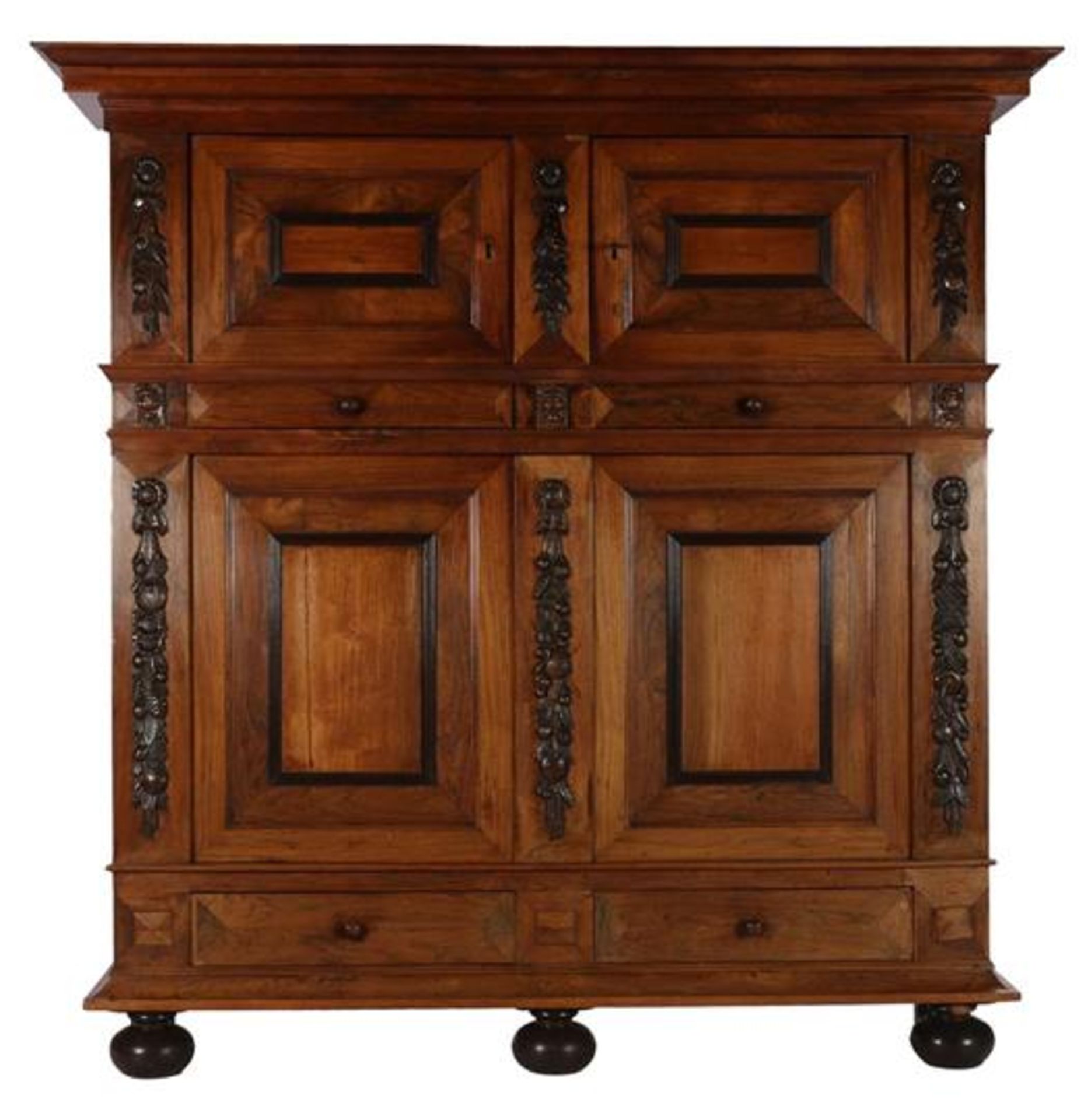 Walnut veneer on oak 2-part cabinet with 4 doors and 4 drawers, profiled frames, scroll decoration