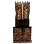 Spanish chestnut wood 2-piece corner wardrobe with polychrome colored knitting of knight and