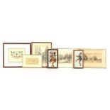 7 various wall decorations including etchings and tiles in frame by Tichelaar Makkum