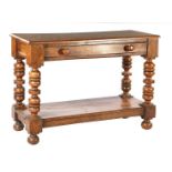 Oak wall table with bottom shelf, turned legs, pin joints and top with beveled edges, 19th century