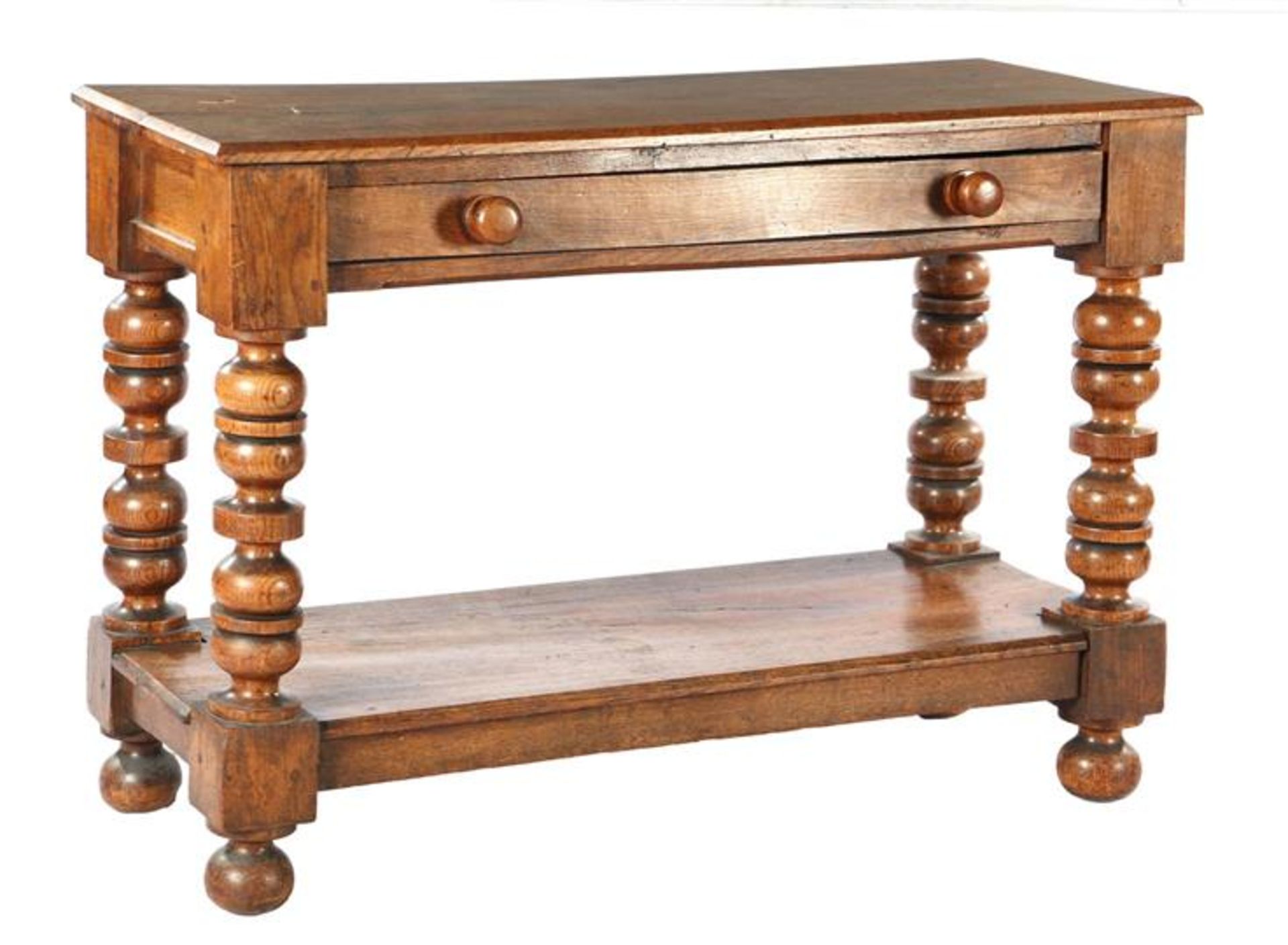 Oak wall table with bottom shelf, turned legs, pin joints and top with beveled edges, 19th century