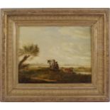 Anonymous, Dutch landscape with milking figure with church village on the other side of a lake,
