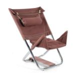 Chrome-plated folding tubular frame chair with brown upholstery, design Borge Lindau & amp; Bo