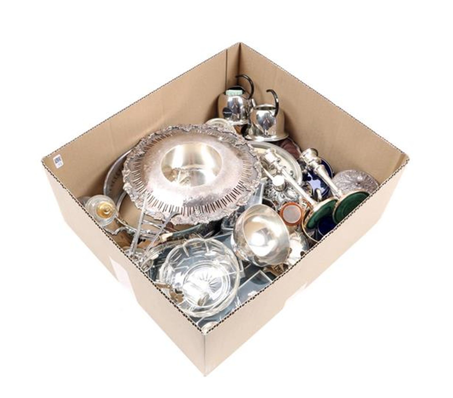 Box variously silver-plated, including cutlery, dishes and candlesticks