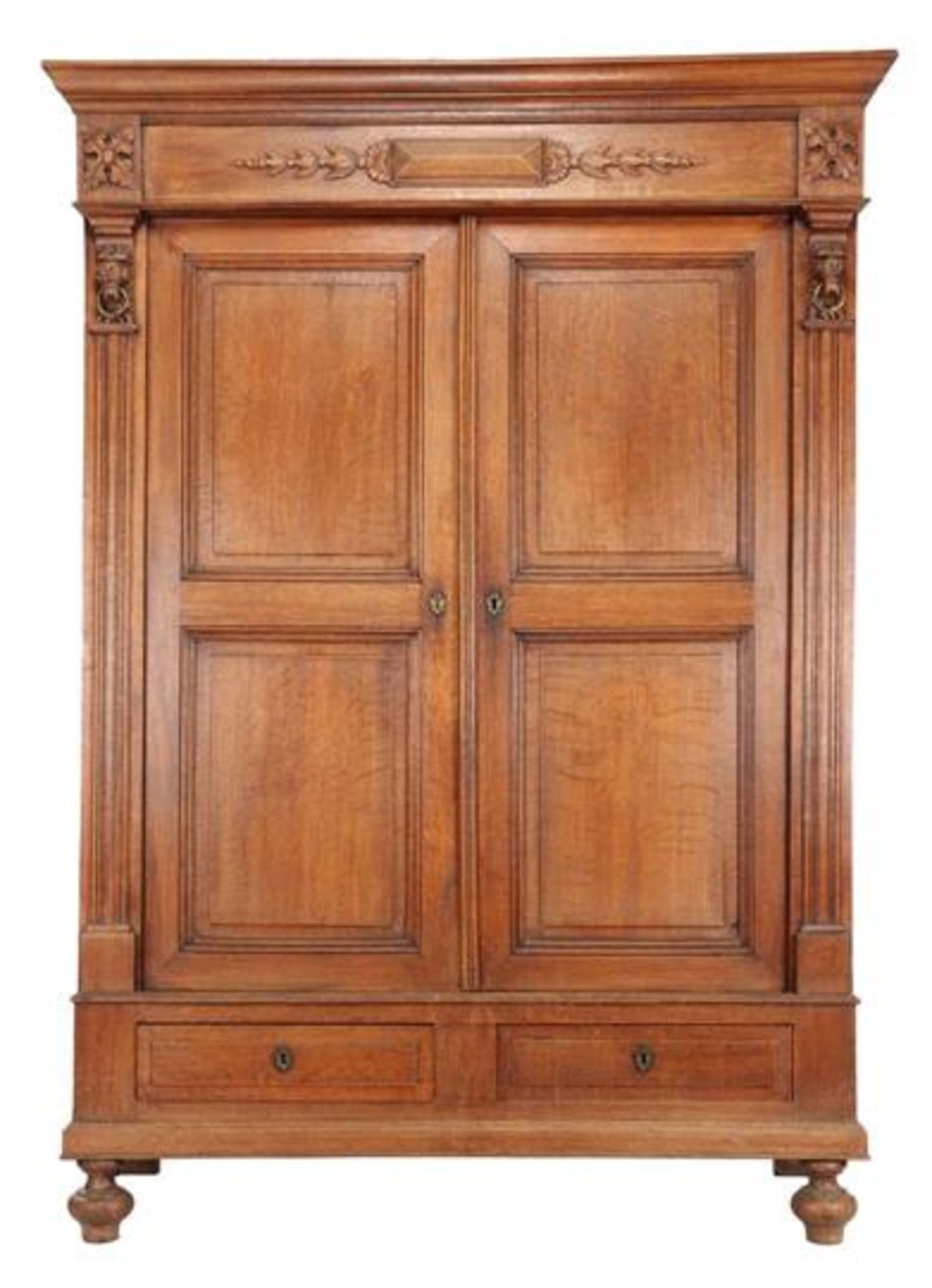 Oak 2-door cabinet with 2 drawers, lion masks, ornaments and profiled frames 216.5 cm high, 155 cm